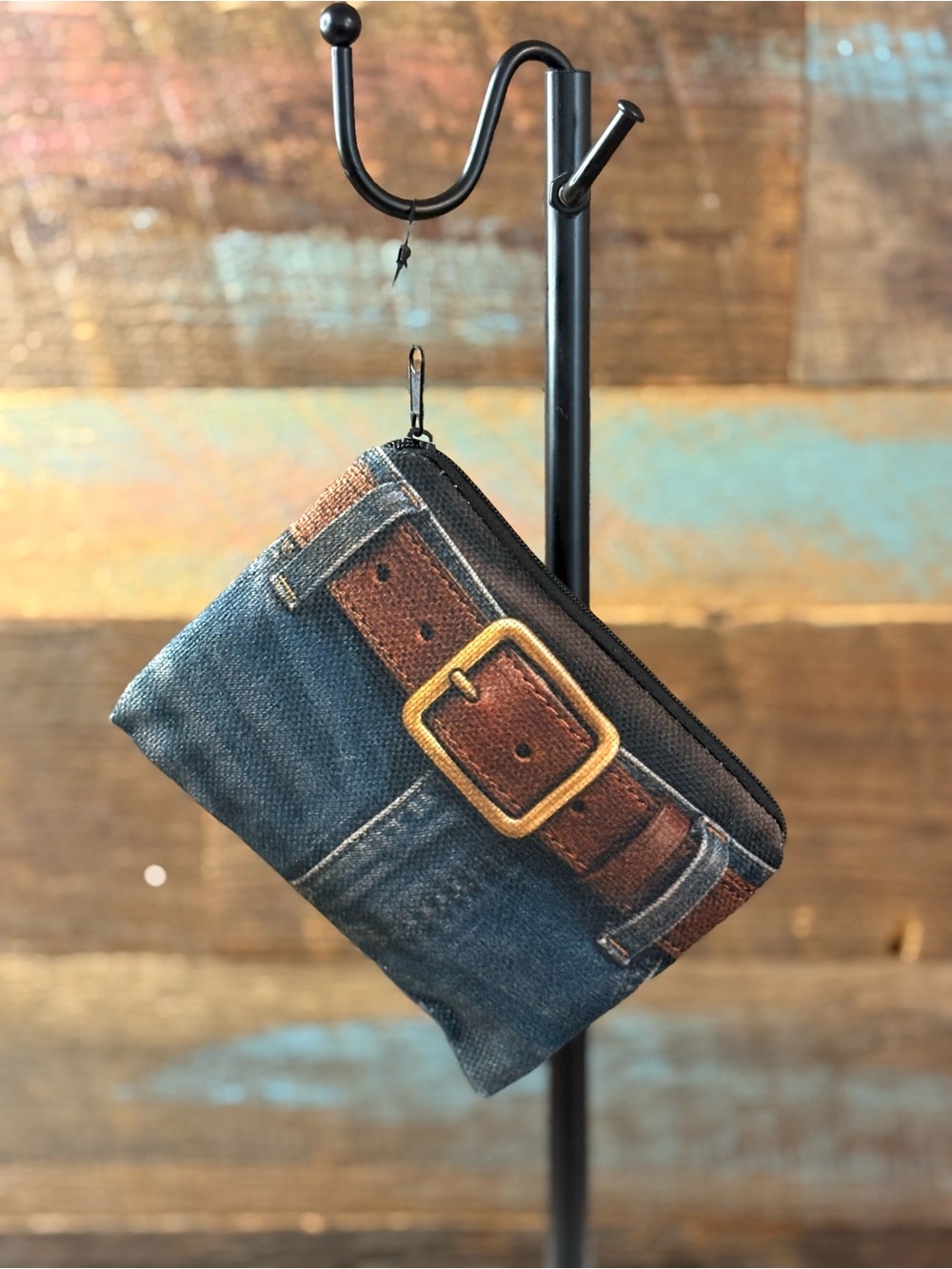 Stuffed Canvas Zip Pouch with Brown Belt Print - Blue/Brown